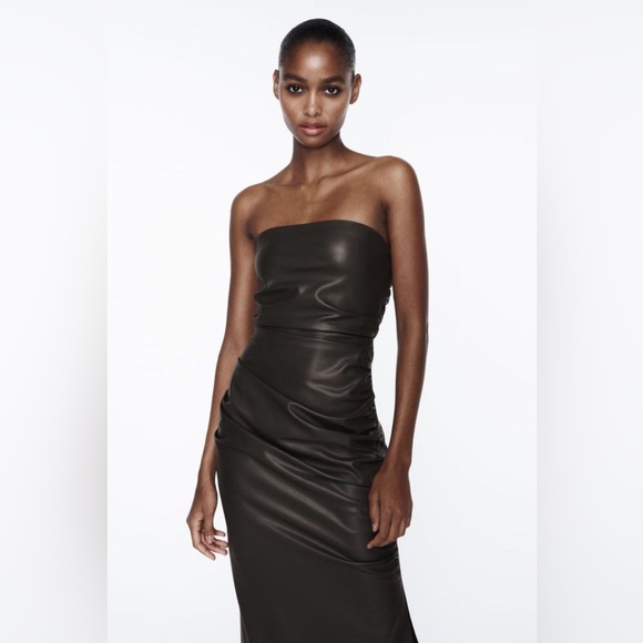 ZARA ~ Black Strapless Faux Leather Dress in Sage - Picture 7 of 13